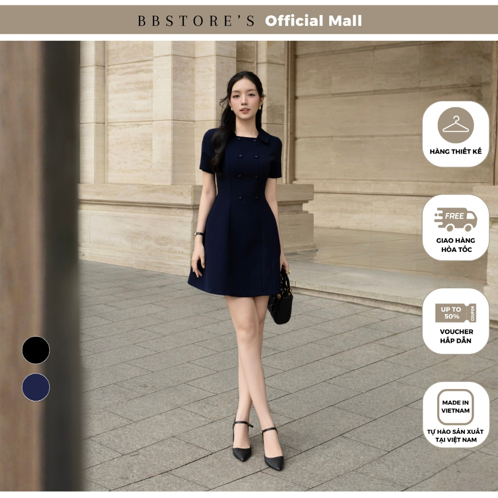 [BBSTORES] ชุดเดรสสวิงสํานักงานแขนสั้นคอปกสี่เหลี่ยมสูงผ้าฝ้ายหิมะ 2 ปุ่ม - DAB24B
