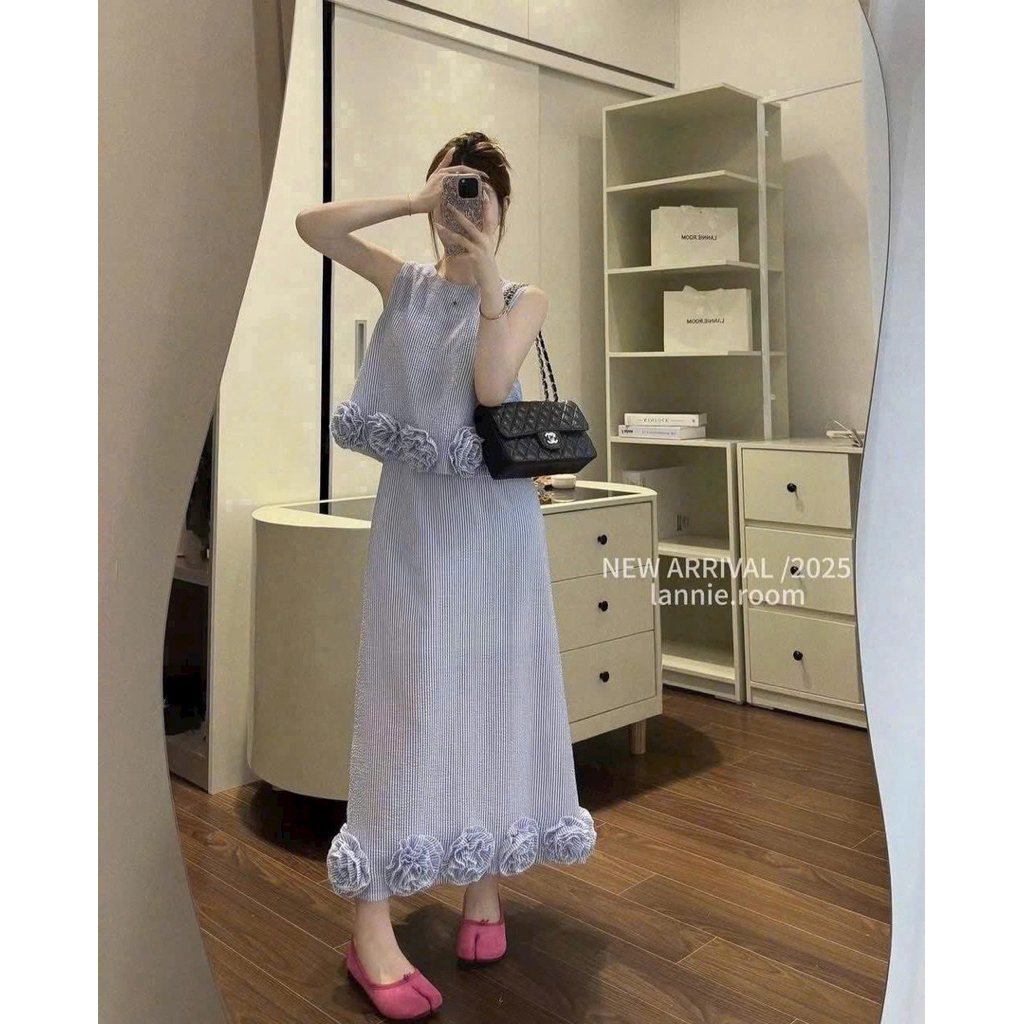 เซทเสื้อกระโปรงระบายลายดอกลินินลายริ้ว