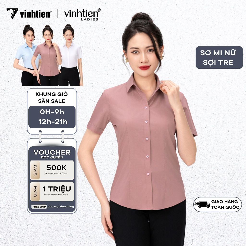 เสื้อเชิ้ตแขนสั้น Vinh Tien Ladies Premium วัสดุไม้ไผ่ ลายผ้าขูด GC002 - GTB 495