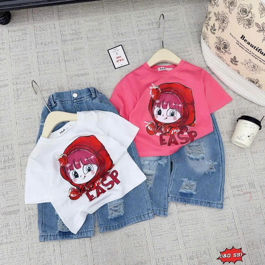 [MeoKids] E69 - ชุดเสื้อเชิ้ตผ้าฝ้ายพิมพ์ลายสําหรับเด็กผู้หญิงพร้อมผ้าพันคอสีแดงและกางเกงยีนส์ขาดมีส