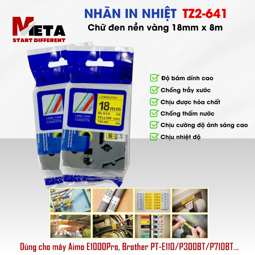 ป้ายพิมพ์ TZ2-641 สําหรับ Brother PT-E300/E500/P300BT/P710BT - ข้อความสีดําบนพื้นหลังสีเหลือง 18mm x