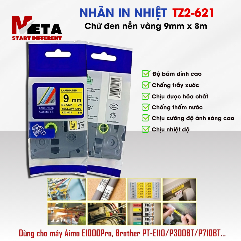 ป้ายพิมพ์ TZ2-621 สําหรับ Aimo E1000ProIBrre PT-E110/P300BT/P710BT - ข้อความสีดําบนพื้นหลังสีเหลือง 