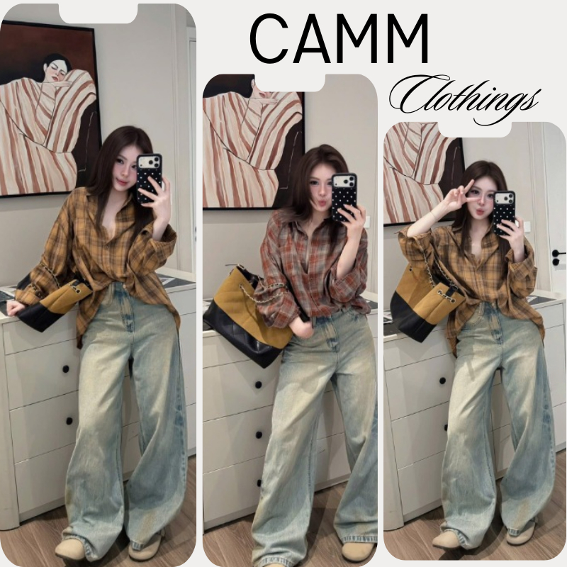 เสื้อเชิ้ตผู้หญิงเสื้อเชิ้ตผู้หญิง แคมม์ เอชคอม27065 แขนยาวลายสก็อตทรงหลวมวัยรุ่นสไตล์เกาหลี