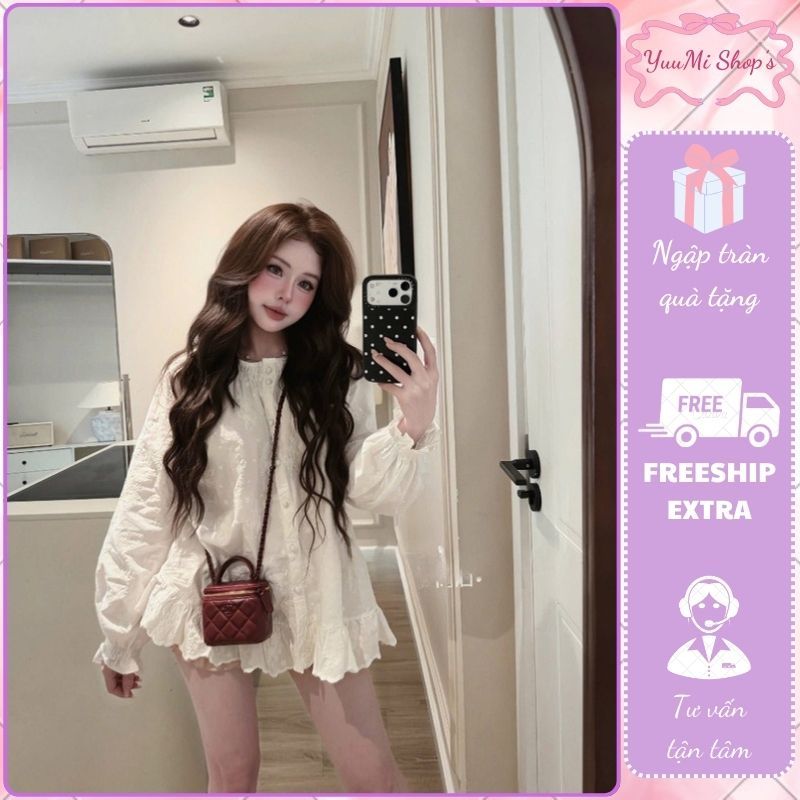 เสื้อเชิ้ตผู้หญิง HCOM27057 เบบี้ดอลล์ สีขาวปักลายดอกไม้วินเทจ เสื้อหลวมจั๊มยางยืดและหางปลาบานเล็กน้อย มิสยูมิ