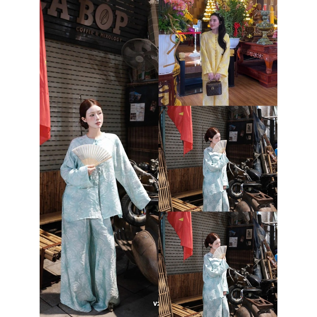 HU- ชุดผู้หญิง FRENCH SUITS MIXED WITH MINT GREEN YELLOW WIDE SUNSET