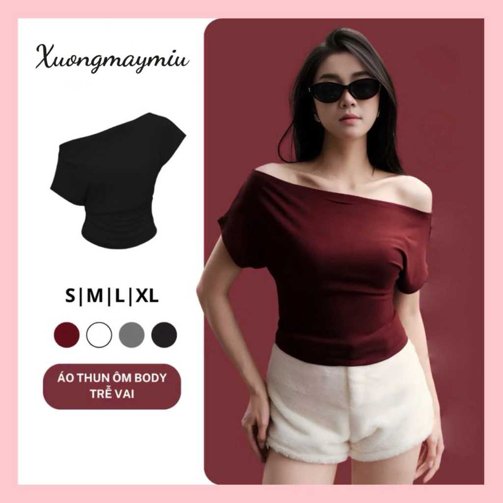 เสื้อยืดแขนสั้นเปิดไหล่ผู้หญิงผ้าฝ้ายนุ่มและเรียบยืดเซ็กซี่รูป Xuongmaymiu – 623