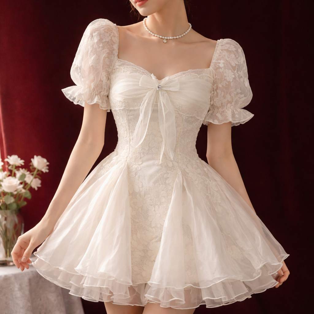 เดรสลูกไม้ลายดอกไม้ลายนูน 3 มิติคอเหลี่ยมแขนพัฟบาน [TLV24] Thien Ly Dress
