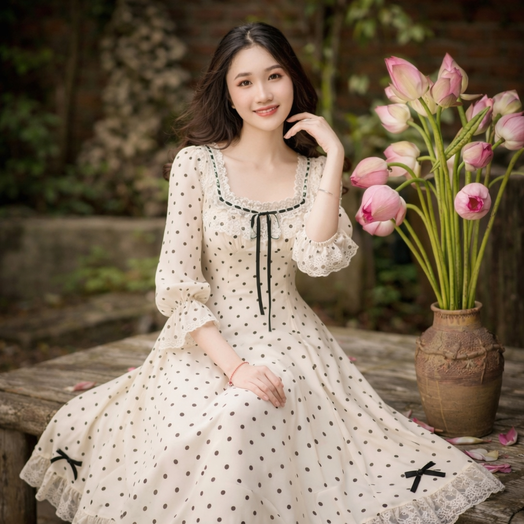 ชุดเดรสลายจุดครีมแขนยาวคอเหลี่ยมชุดบานยาวหรูหราสไตล์ผู้หญิง [TLV7] Thien Ly Dress