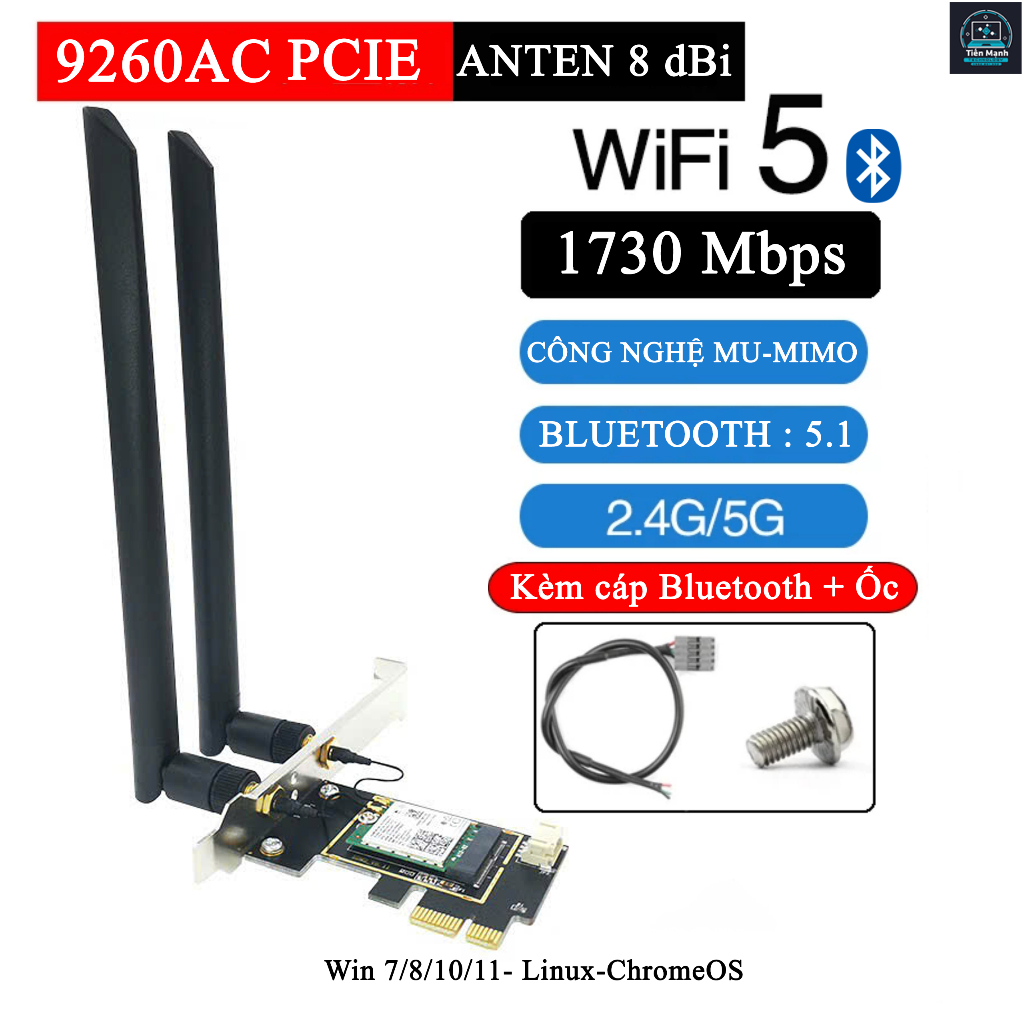การ์ด Wifi 5 Intel AC 9260 2.4/5GHz พร้อมบอร์ดสั้นและสูงในตัวสําหรับพีซี,Tiny,SFF,MiniPC,แล็ปท็อป