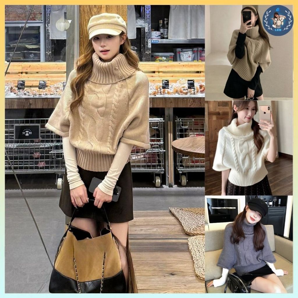 [A467] Montoghi FALL-Winter เสื้อสเวตเตอร์ผู้หญิงแขนค้างคาวและปกคอเต่าหรือไหล่แบนหลายสไตล์น่ารัก - L