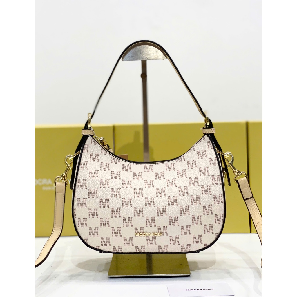 Miocra Koly กระเป๋าสะพายข้างครึ่งวงกลมสีขาวและเหลือง - f695