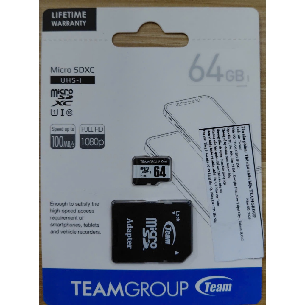การ์ดหน่วยความจํา MicroSD 64G TEAMGROUP Box Class10 U1 100MB/s FV ของแท้ (รวมอะแดปเตอร์ SD)