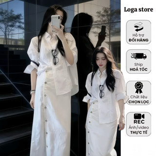 ชุดเสื้อเชิ้ตสีขาวกระโปรงยาวทรงตรงชุดผู้หญิงออฟฟิศสไตล์เกาหล…