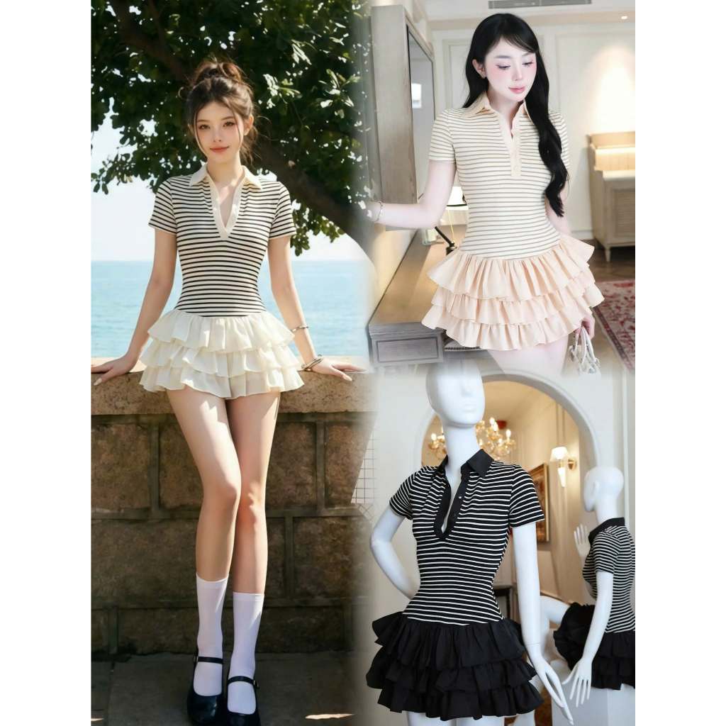 มาใหม่ ✨ COMMITMENT TO STANDARD SHAPE (ORANGE STUDIOS ) - Cie Dress - เดรสดีไซน์คอปกเสื้อเชิ้ตลายทาง