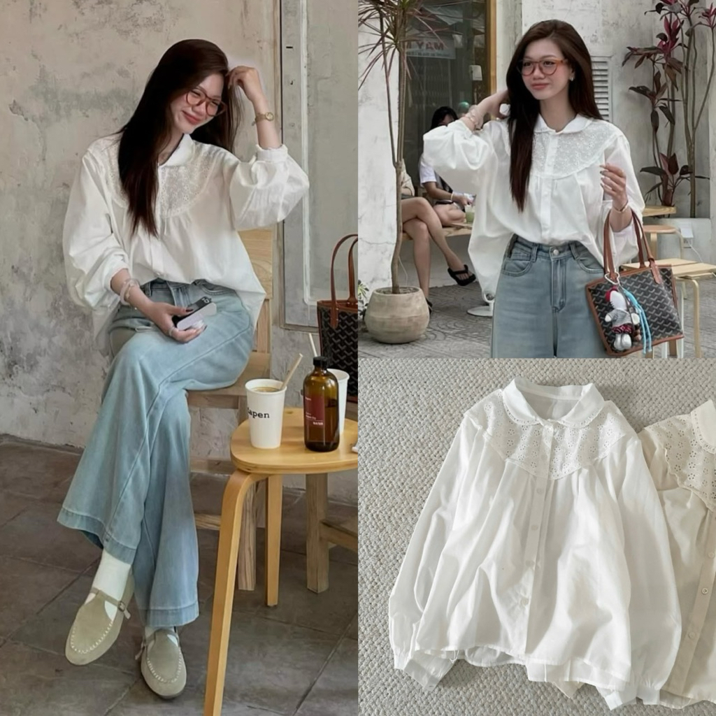 (OLDSCHOOL PHOTO) เสื้อลูกไม้คอบัวผู้หญิงแขนพัฟหลวม DIA SHIRT