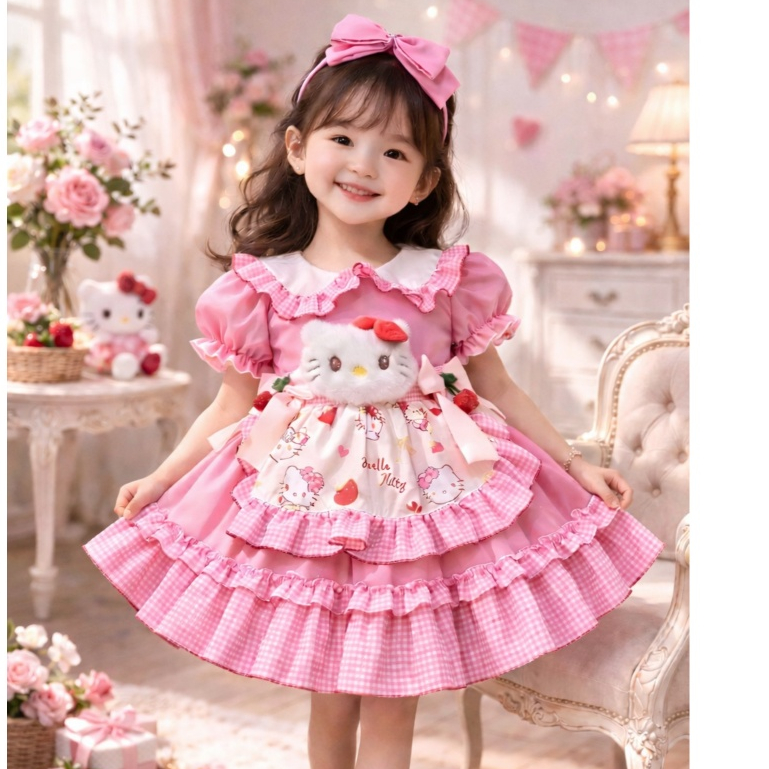 ชุดเดรสเด็กผู้หญิงโลลิต้าลาย hello kitty สีชมพูสดใสสําหรับเด็กทารกตั้งแต่ 7 กก. ถึง 30 กก