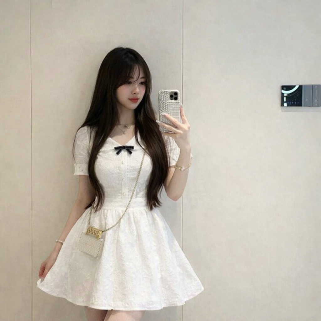 เดรสลูกไม้ลายดอกไม้สีขาวคอเหลี่ยมพร้อมโบว์สีดําแขนพัฟผู้หญิงหรูหรา [TLV10] Thien Ly Dress