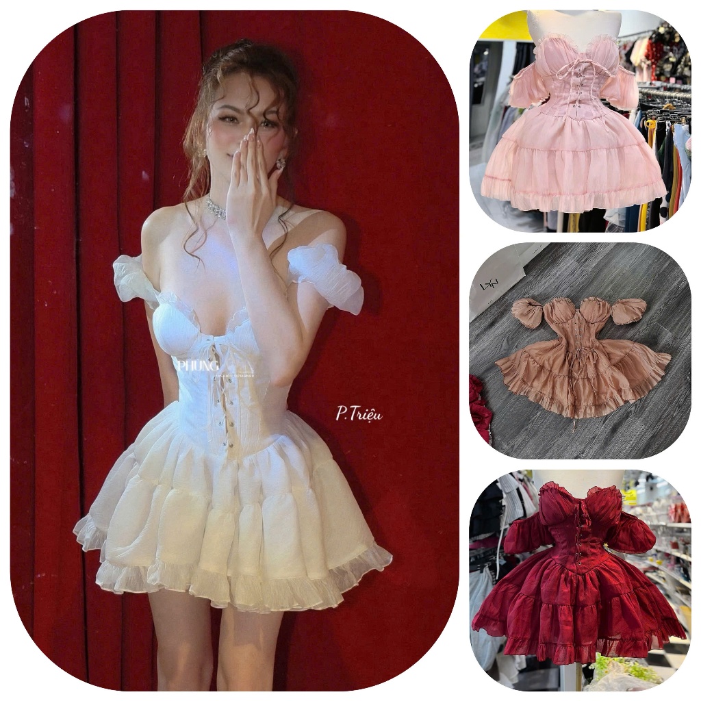 เดรสปาดไหล่เลดี้ เดรสเปิดไหล่แขนพอง 2 ชั้น หุ่นแบน ด้วยการตอบสนองของร้าน Ba Bo ของร้าน