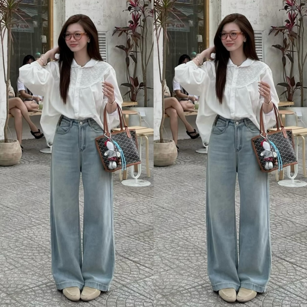 (BROWN BELT INCLUDED) กางเกงยีนส์ขาตรงสีฟ้าอ่อนสําหรับผู้หญิงชายใหญ่และเข็มขัด Q7575