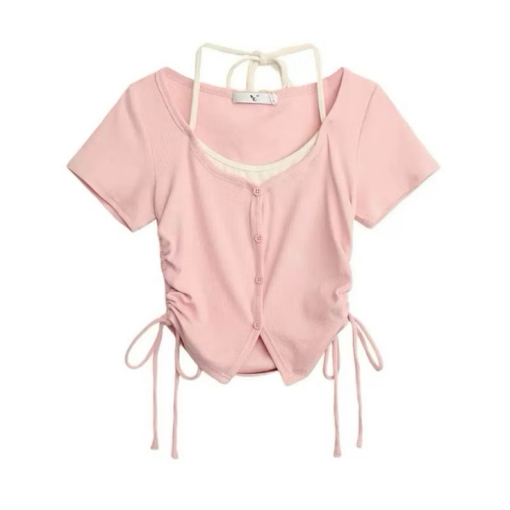 เสื้อครอปสวยมากมีสายเดี่ยวเชือกรูดสองด้าน แฟลต LOVITY KL3