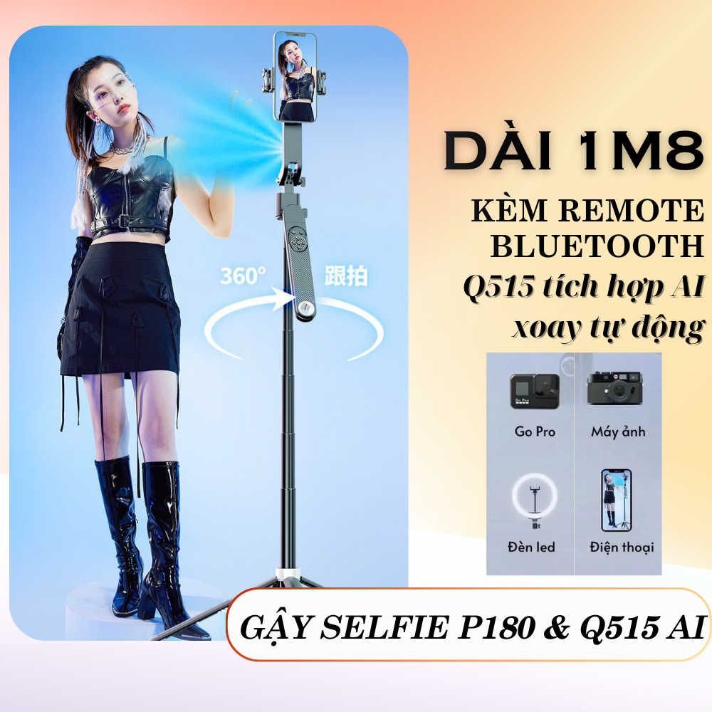 ไม้เซลฟี่ P180 + Q515TK – ขาตั้งกล้องแบบพับได้ 35 ซม. ความสูงสูงสุด 1m8 รีโมทบลูทูธสําหรับถ่ายภาพระย