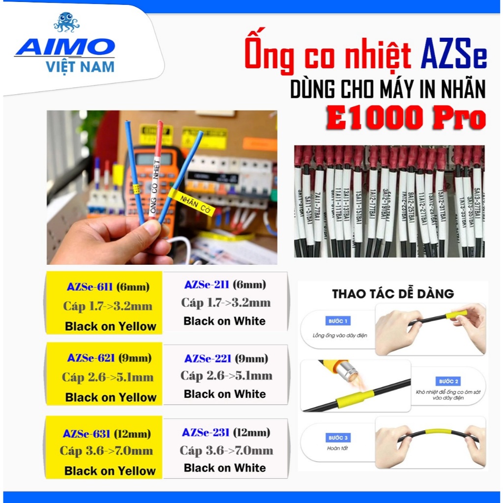 AZSe ท่อหดความร้อน 6 มม.,9 มม.,12 มม. สําหรับเครื่องพิมพ์ฉลาก E1000 Pro