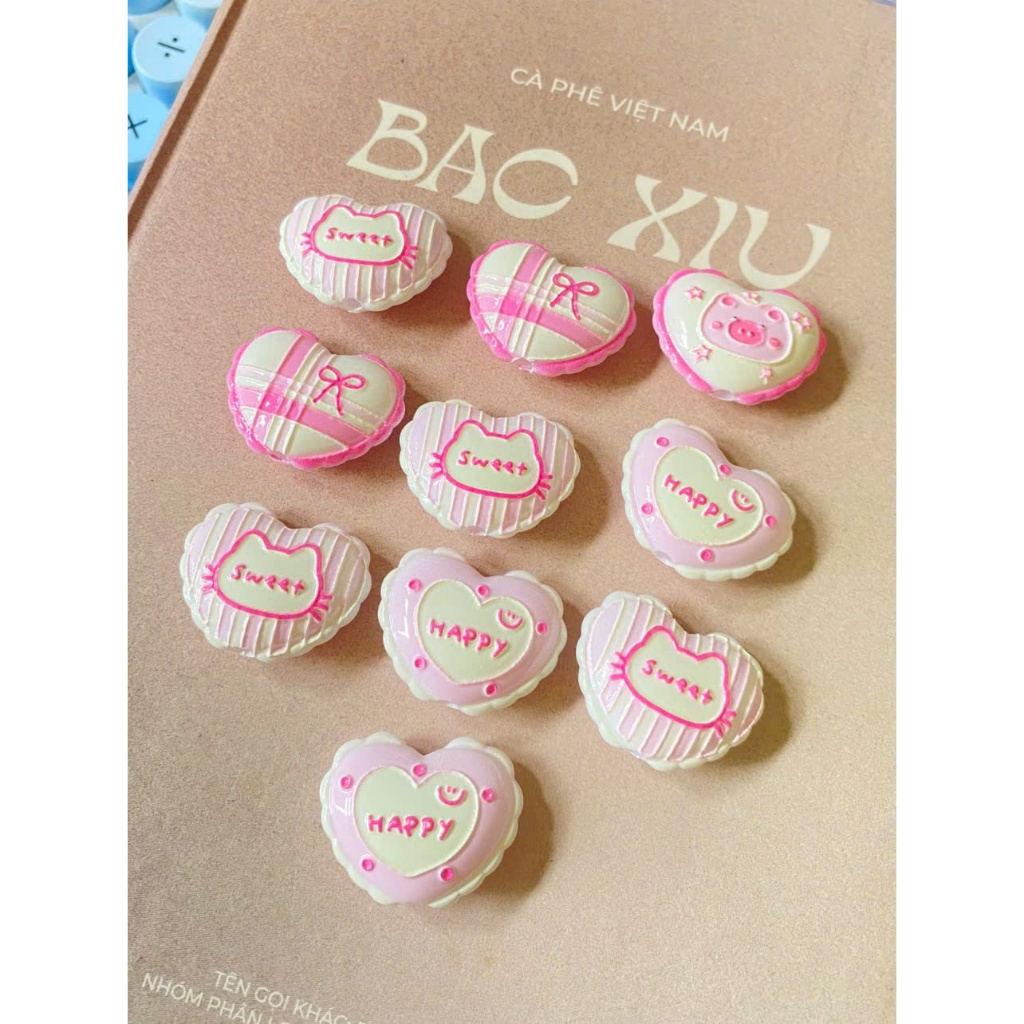 K004 SET 03 MIX BEADS, CHARM STYLE BEADS, CUTE HEART PILLOW STYLE, PASTEL COLOR, BEADS, KEYCHAIN, ST