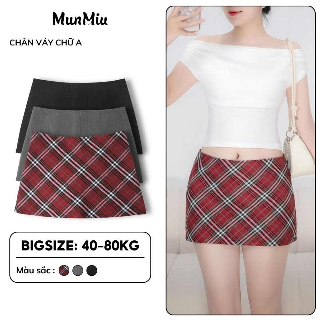 MunMiu BIGSIZE กระโปรงทรงเอ 40–80กก. พร้อมลายสก๊อตสีแดงถึงหุ่นให้แบนๆ พร้อมกางเกงในกันญา38