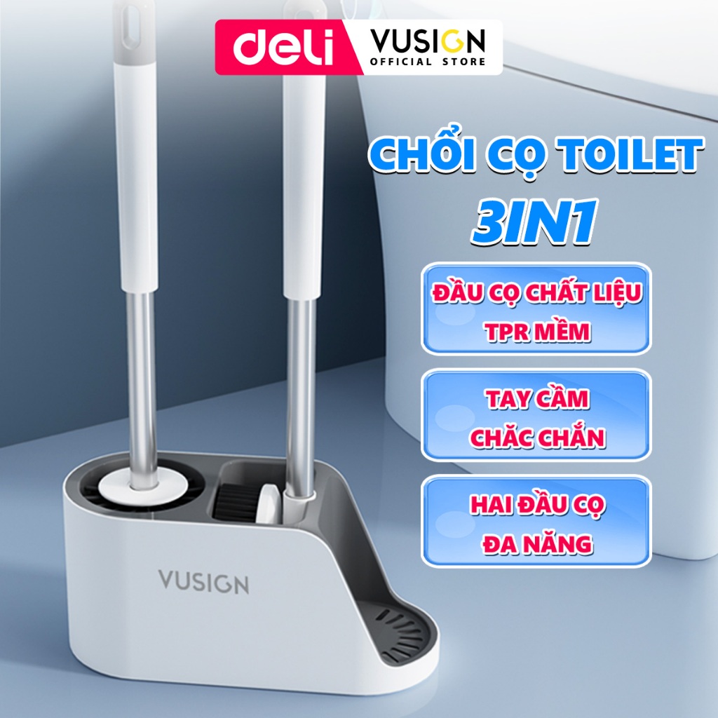 Deli Vusign 3in1 แปรงขัดห้องน้ําแปรงห้องน้ําสําหรับทําความสะอาดที่จับขวดพร้อมตะขอแขวน