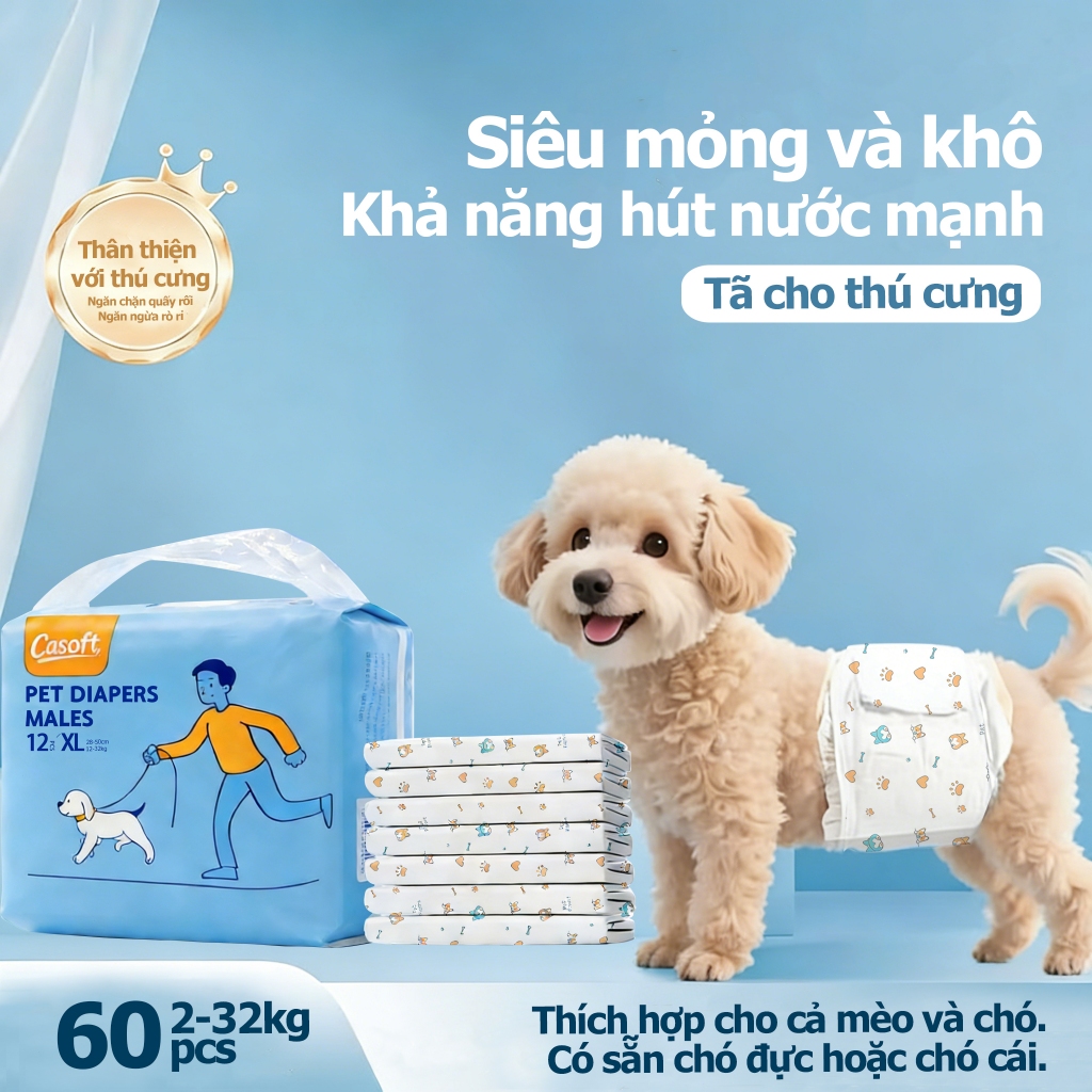 CASOFT ผ้าอ้อมอนามัย ผ้าอ้อมสุนัข พิเศษสําหรับสุนัขตัวผู้ ซึมซับดีเยี่ยม และแห้ง S-XL12 ชิ้น/แพ็ค