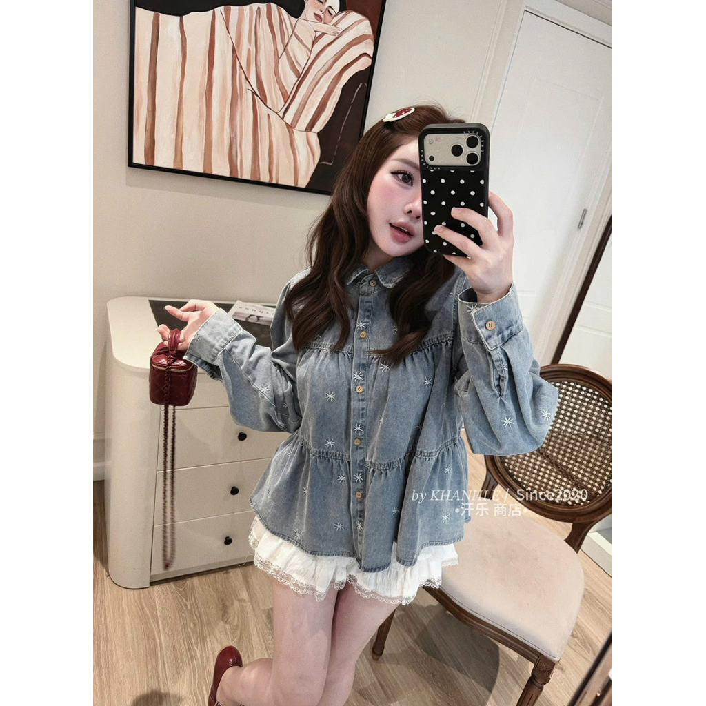 TB229 เสื้อเชิ้ตยีนส์เกล็ดหิมะ babydoll