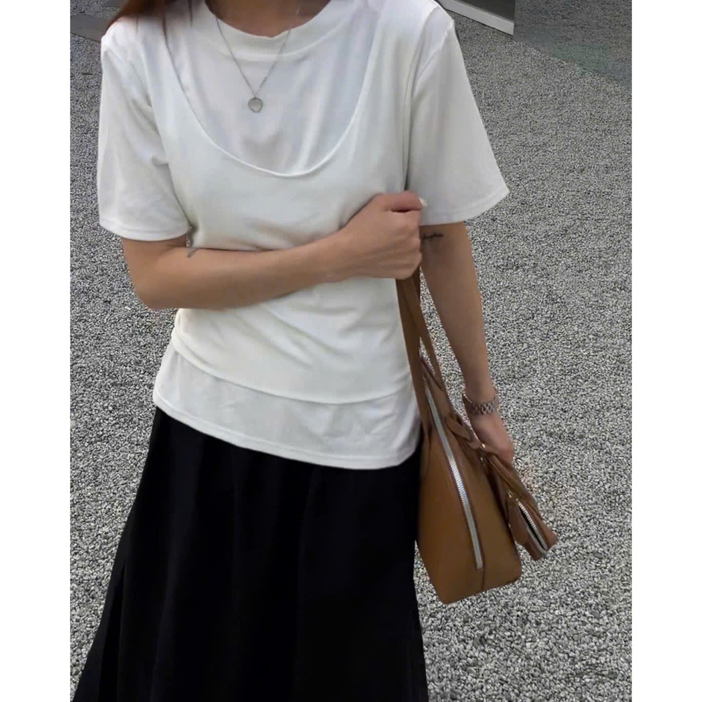 JULY TOP- LOVI เสื้อยืดสไตล์เกาหลี 2 ชั้นผูกหลัง