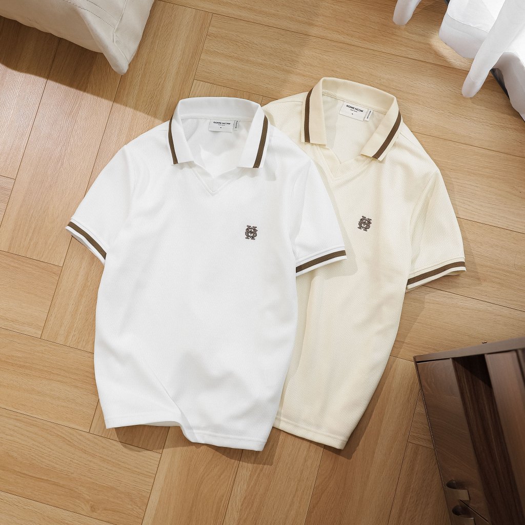 [ใหม่2] เสื้อโปโลคอวีครีมขาวปกติ ผ้าคอตตอนโพลีใส่สบาย PL0206 SOME HOW STORE