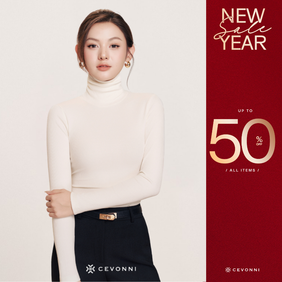 CEVONNI เสื้อสเวตเตอร์คอกลมแขนยาวคอเต่าสีทึบ CV9458