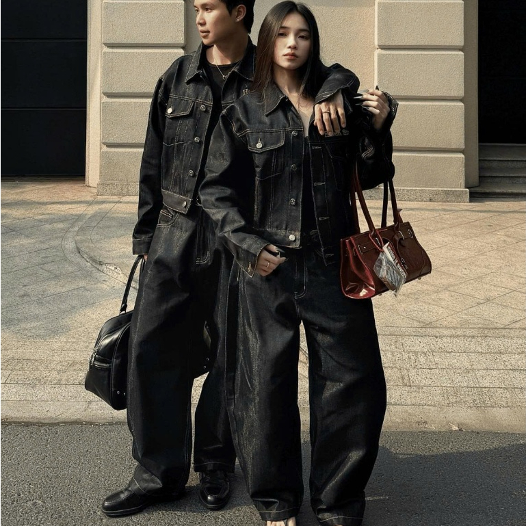 HAVEN STUDIO ชุดยีนส์ดิบทรงหลวมสําหรับผู้ชายและผู้หญิงทําจากกางเกงยีนส์ยีนส์ยีนส์โค้งและแจ็คเก็ตยีนส