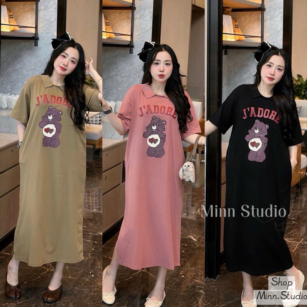 [Minn.studio] P18-JADORE Bear Print Lotus Collar Cotton Straight Dress. กระโปรงเสื้อยืดผ้านิ่ม เท่ห์