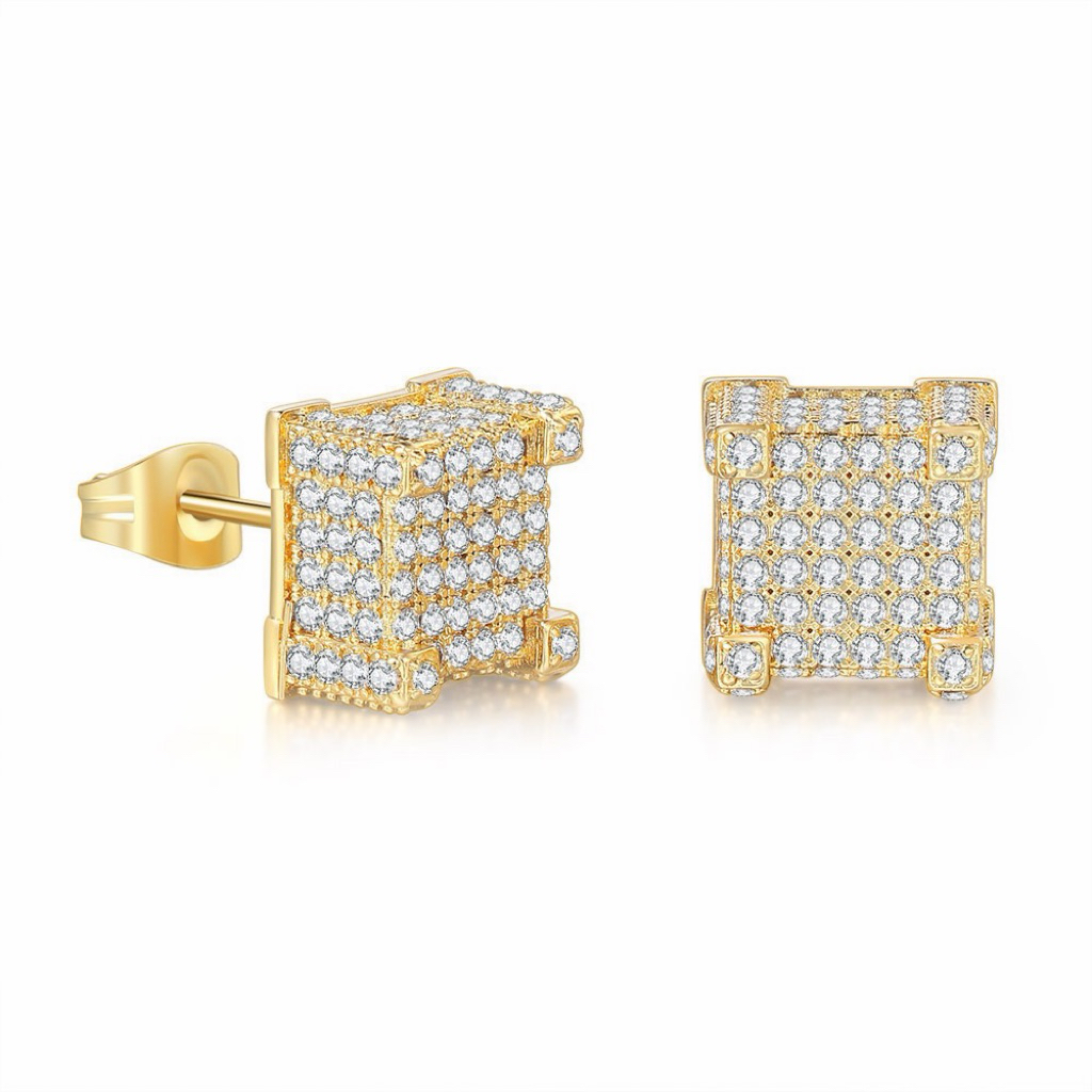 [SMAKER] ต่างหูแท้ทําจากโลหะผสมเคลือบทองคําขาว - SQUARE ICED OUT EARRING