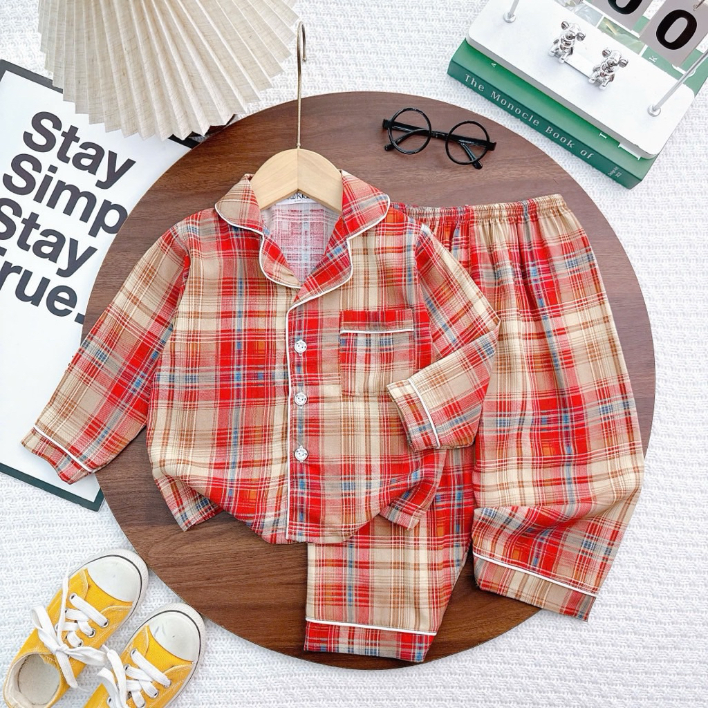 ชุดชุดนอนผ้าลินินลายตารางหมากรุกสําหรับเด็กทารกที่มีผ้าลินินผิวสองชั้นเย็นและดูดซับเหงื่อ