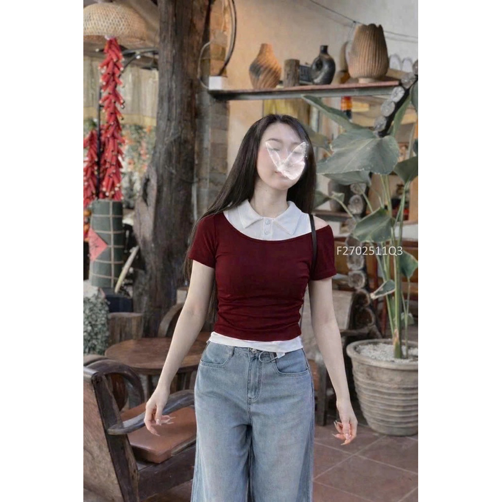 TMT HOUSE เสื้อครอปเปิดไหล่สุดหรูพร้อมเสื้อกล้ามคอเต่าเทียม