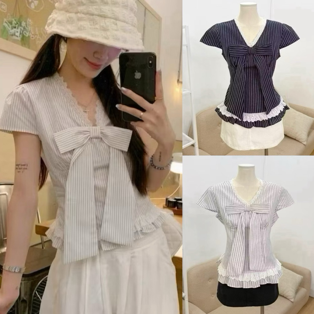 เสื้อคอเต่าลายทางสุดฮอต แต่งลูกไม้และโบว์ใหญ่ รุ่นเทรนด์แบน LOVITY SMS565