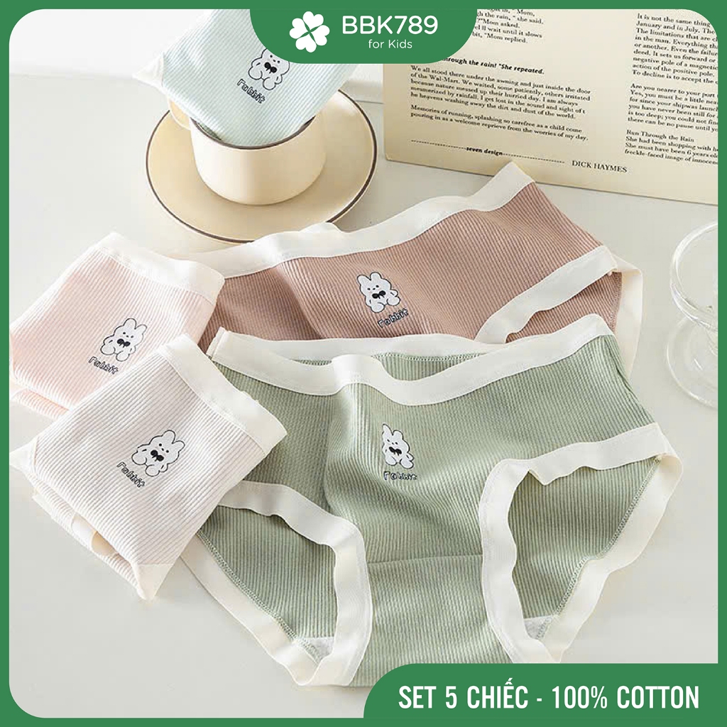 (BBK789) CD03 กางเกงเด็กผู้หญิง 5 ตัวลายไม้จิ้มฟันกระต่าย กางเกงในเด็กผู้หญิง 32-60กก. ผ้าฝ้าย 100% 