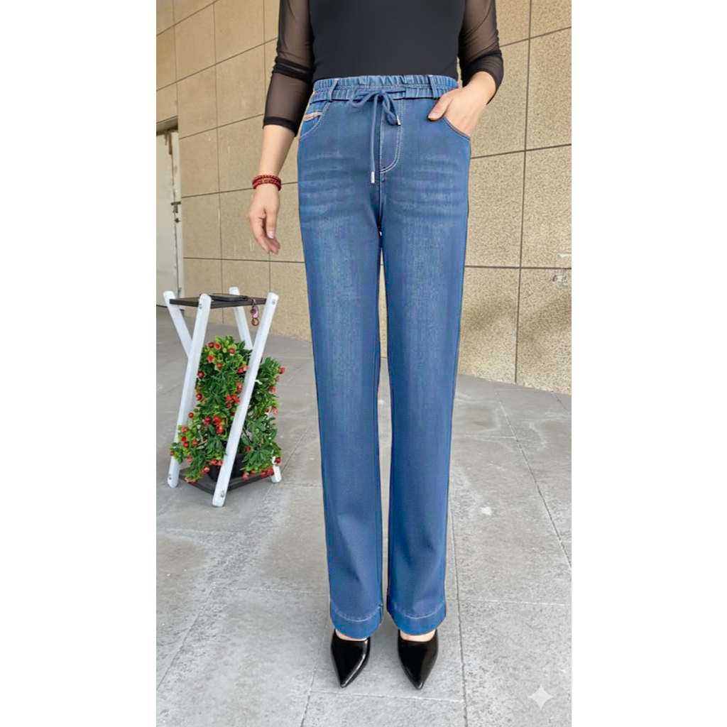 ONEFA กางเกงยีนส์ผู้หญิงขาตรงเอวยางยืด แฟลต อ่อนเยาว์ คอนซีลเลอร์ ไซส์ S-3XL [QJF087]