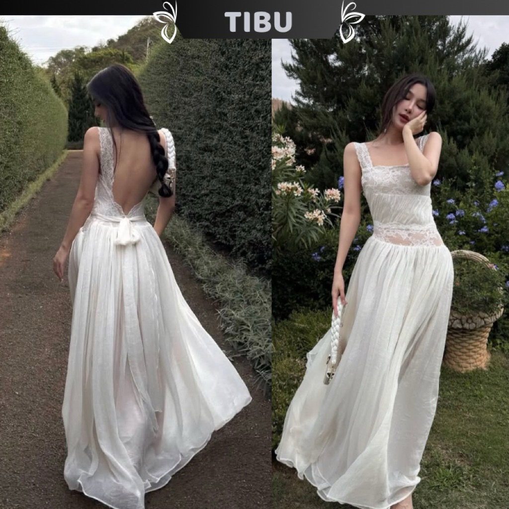 ทิบู -ชุดเดรสแม็กซี่ผูกโบว์เปลือยหลังพร้อมลูกไม้ผู้หญิงเรียบหรูสําหรับออกไปข้างนอกบนท้องถนน ง711