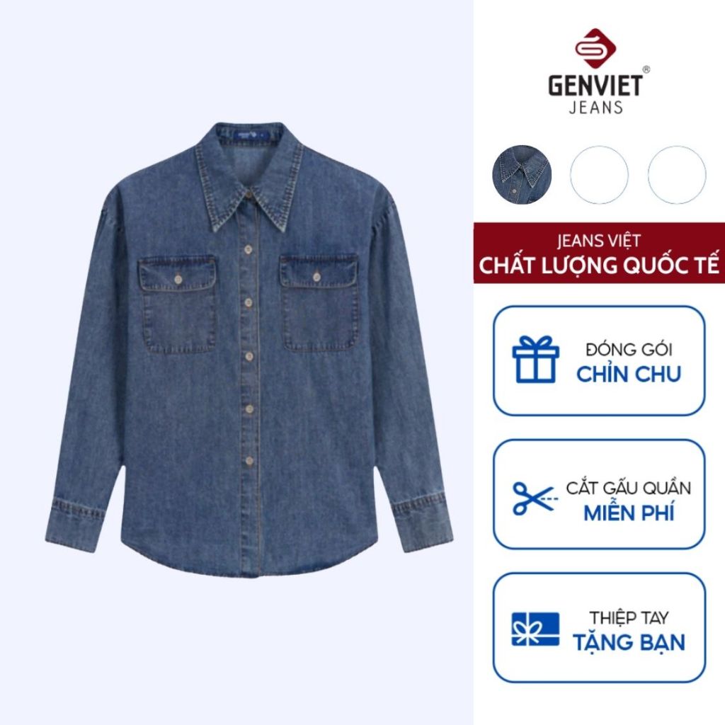 GENVIET JEANS เสื้อเชิ้ตยีนส์แขนยาวผู้หญิง แจ็คเก็ตหลวมพื้นฐาน พร้อมคอนซีลเลอร์ biceps คุณภาพสูง DA1