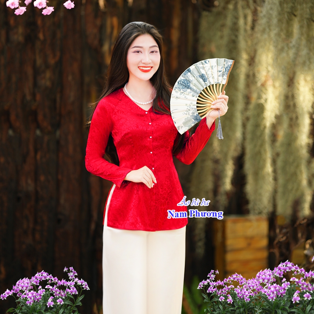 เสื้อโบรเคดผ้าไหมสีแดงผู้หญิงคอปกดอกเบญจมาศ-น้ําพุง รหัสสินค้า: GNP196T