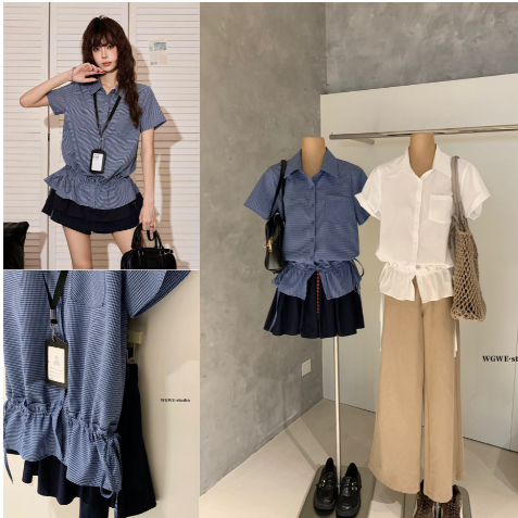 WGWE W8832 เสื้อเชิ้ต เสื้อเชิ้ตจับจีบเรียบหรู