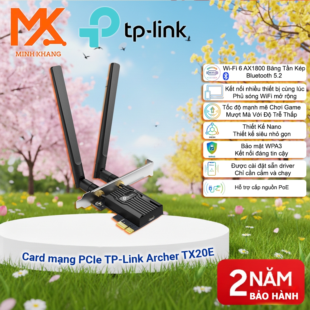 TP-Link TX20E – WiFi 6 AX1800 PCIe + การ์ดเครือข่าย Bluetooth 5.2 – เสาอากาศแบบถอดได้ 2 เสา – ประสิท