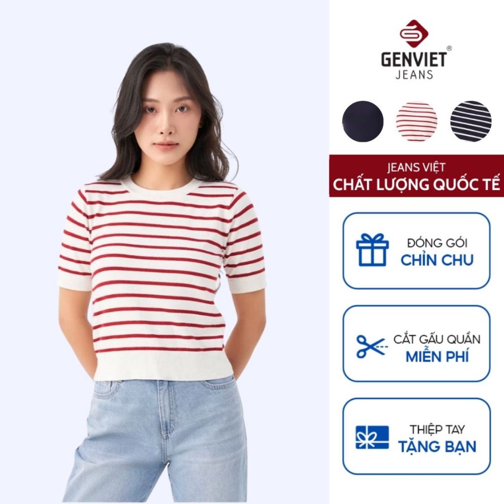 GENVIET JEANS เสื้อสเวตเตอร์แขนสั้นผู้หญิง วัสดุขนสัตว์ ทรงเข้ารูป DT2218I08810