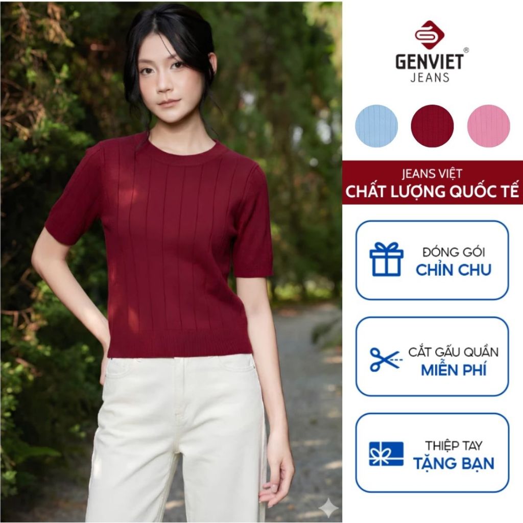 GENVIET JEANS เสื้อสเวตเตอร์แขนสั้นผู้หญิง คอกลม สีทึบพื้นฐาน DT2218I09065