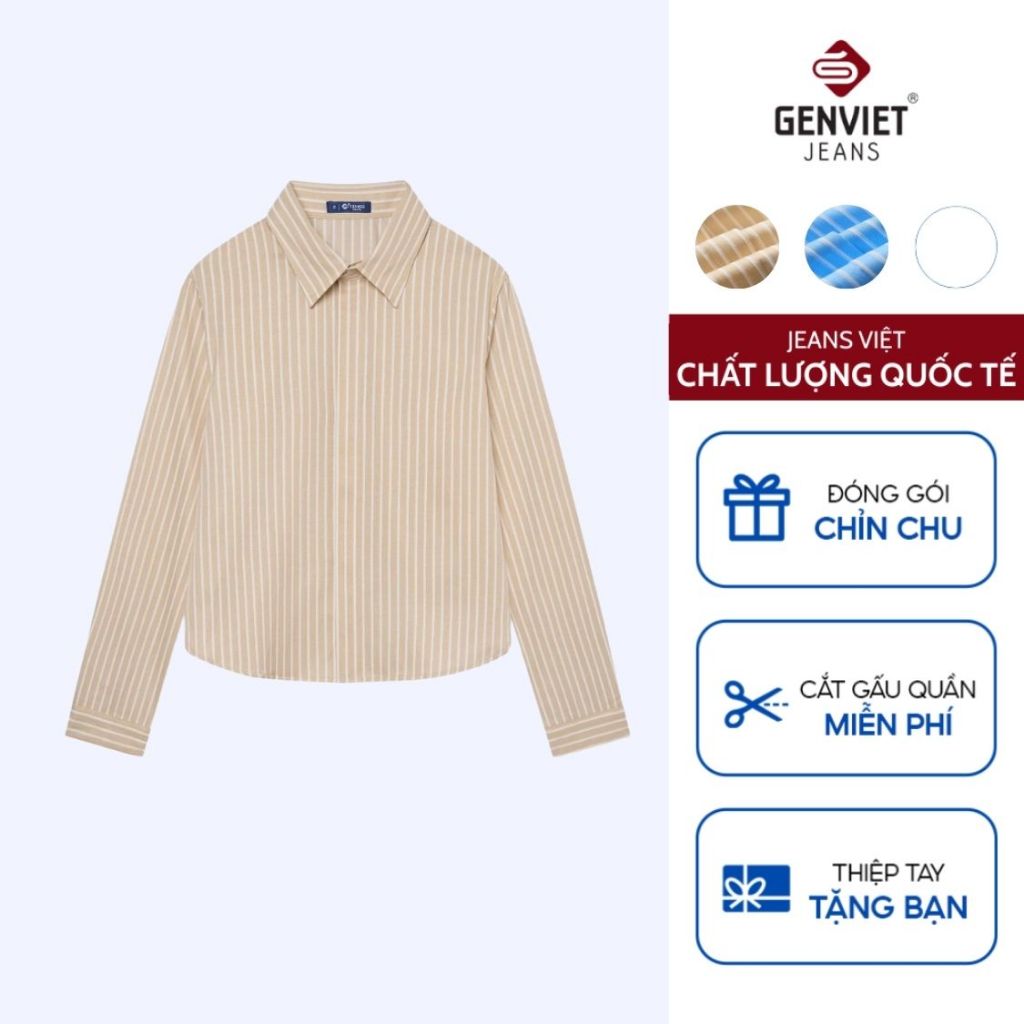 GENVIET JEANS เสื้อครอปแขนยาวผู้หญิงทําจากผ้าลินินเท่ๆลายทางพื้นฐาน ร่วมกับชุดง่ายสําหรับโรงเรียนและ